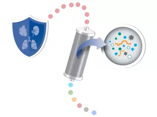 Illustration showing blood purification process of removing mediators and toxins from the blood